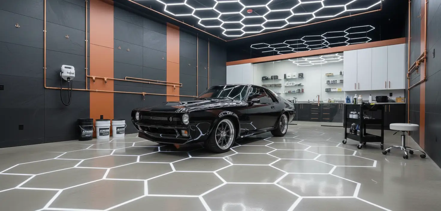 Riot Garage detailing bay with hex floor and product shelves